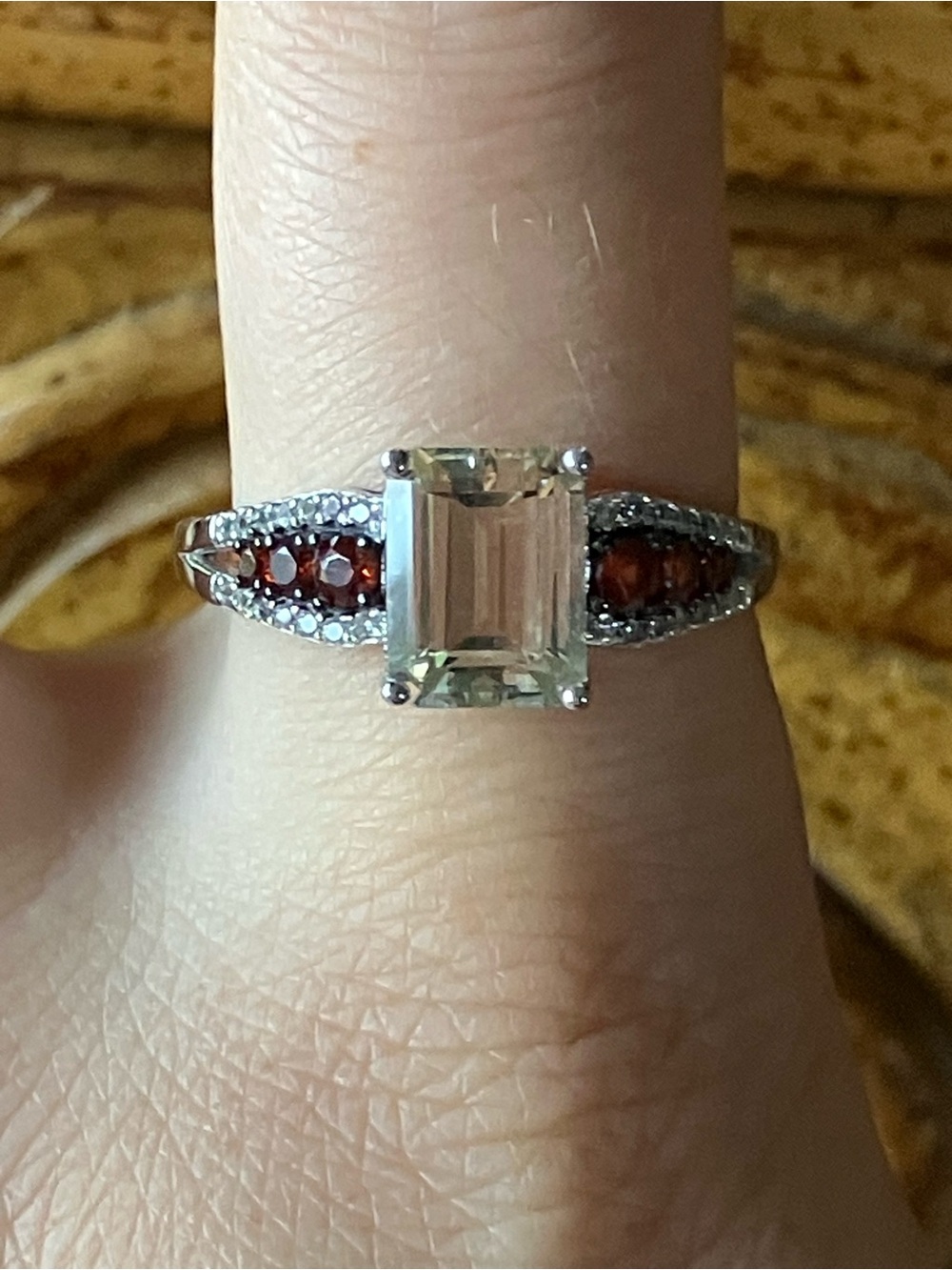 Yellow Labradorite Red Garnet Sterling Silver Ring Size 10